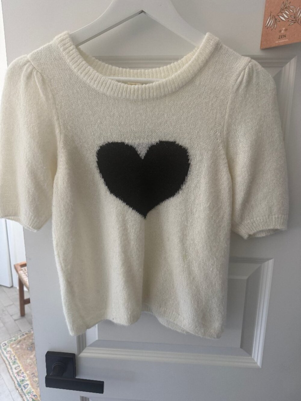 Anthropologie Maeve Heart Fuzzy Short Sleeve Sweater Cream Black XXS